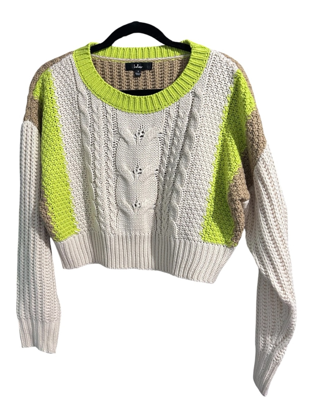 Lulu's Cropped Cable Knit Sweater with Neon Lime Accents